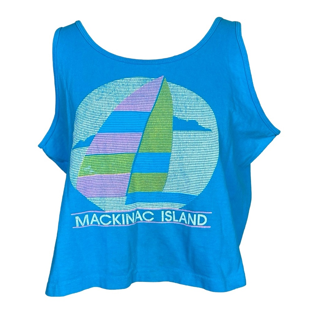 Vintage 80s Mackinac Island Sailboat Graphic Cropped Muscle Graphic Tank Top XL